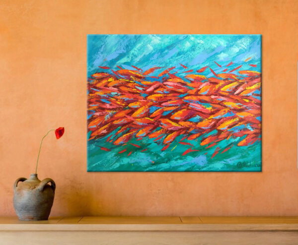 red fish painting in interior