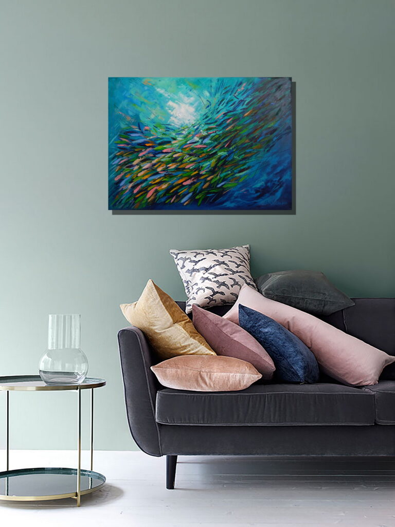 fish painting palette knife art in interior