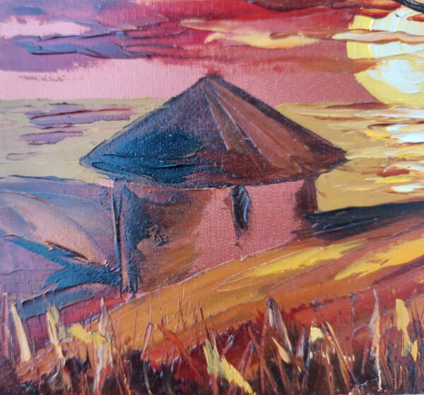African Painting Village African Landscape Original Art Africa Sunset Oil Painting Palette Knife Art by OlgaNikitinArt 8 by 8" Impasto