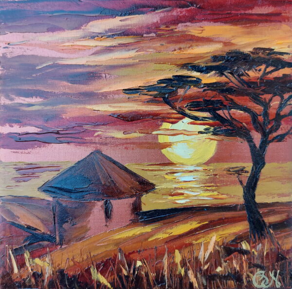 African Painting Village African Oil Painting Landscape Original Art Africa Sunset Oil Painting Palette Knife Art by OlgaNikitinArt 8 by 8" Impasto