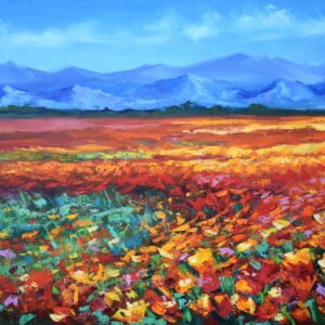 Colourful meadow oil painting with orange and yellow wildflowers, green grasses and distant blue mountains by Olga Nikitina.