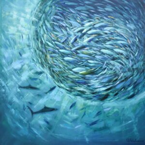 Sardine Run, original underwater oil painting of a swirling school of fish in turquoise and teal water by Olga Nikitina.