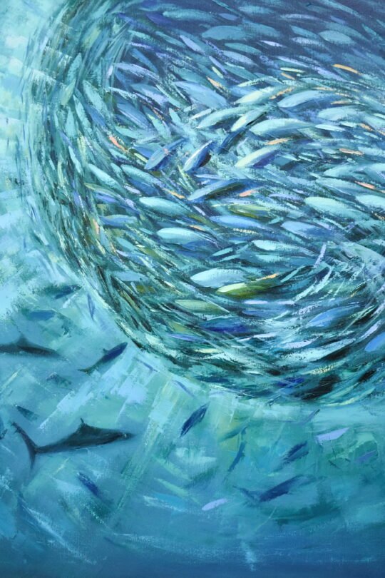 Sardine Run, original underwater oil painting of a swirling school of fish in turquoise and teal water by Olga Nikitina.