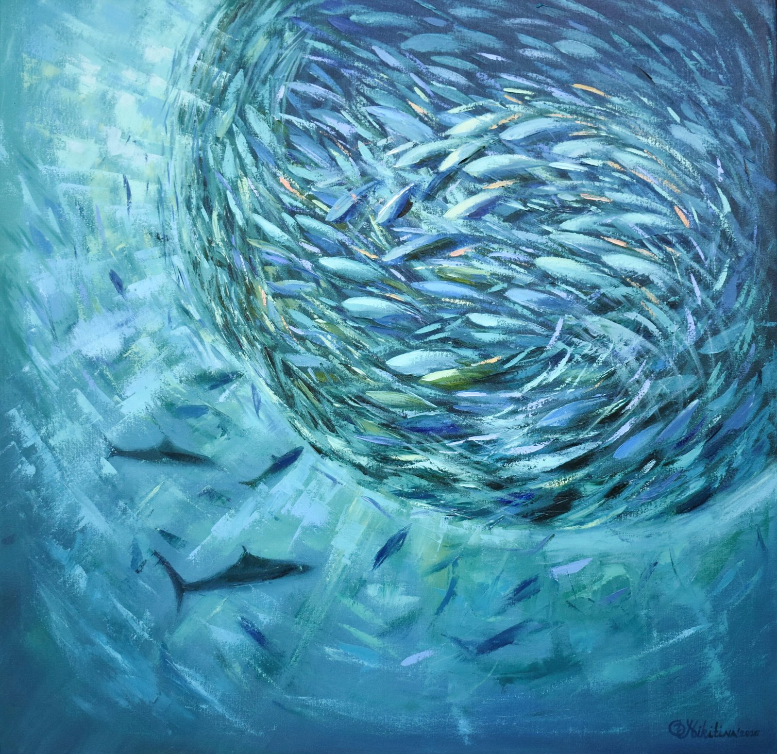 Sardine Run, original underwater oil painting of a swirling school of fish in turquoise and teal water by Olga Nikitina.