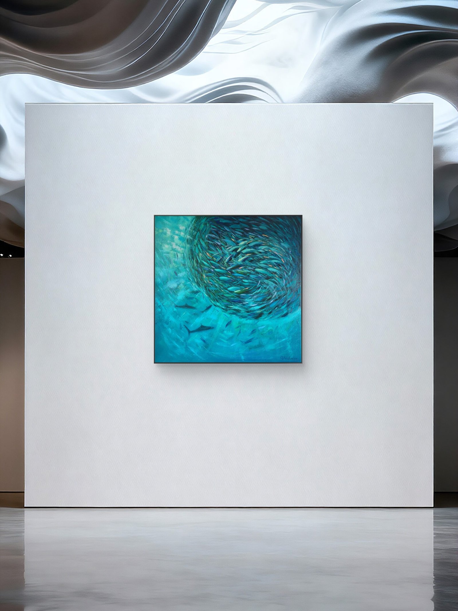 Sardine Run, original underwater oil painting of a swirling school of fish in turquoise and teal water by Olga Nikitina.