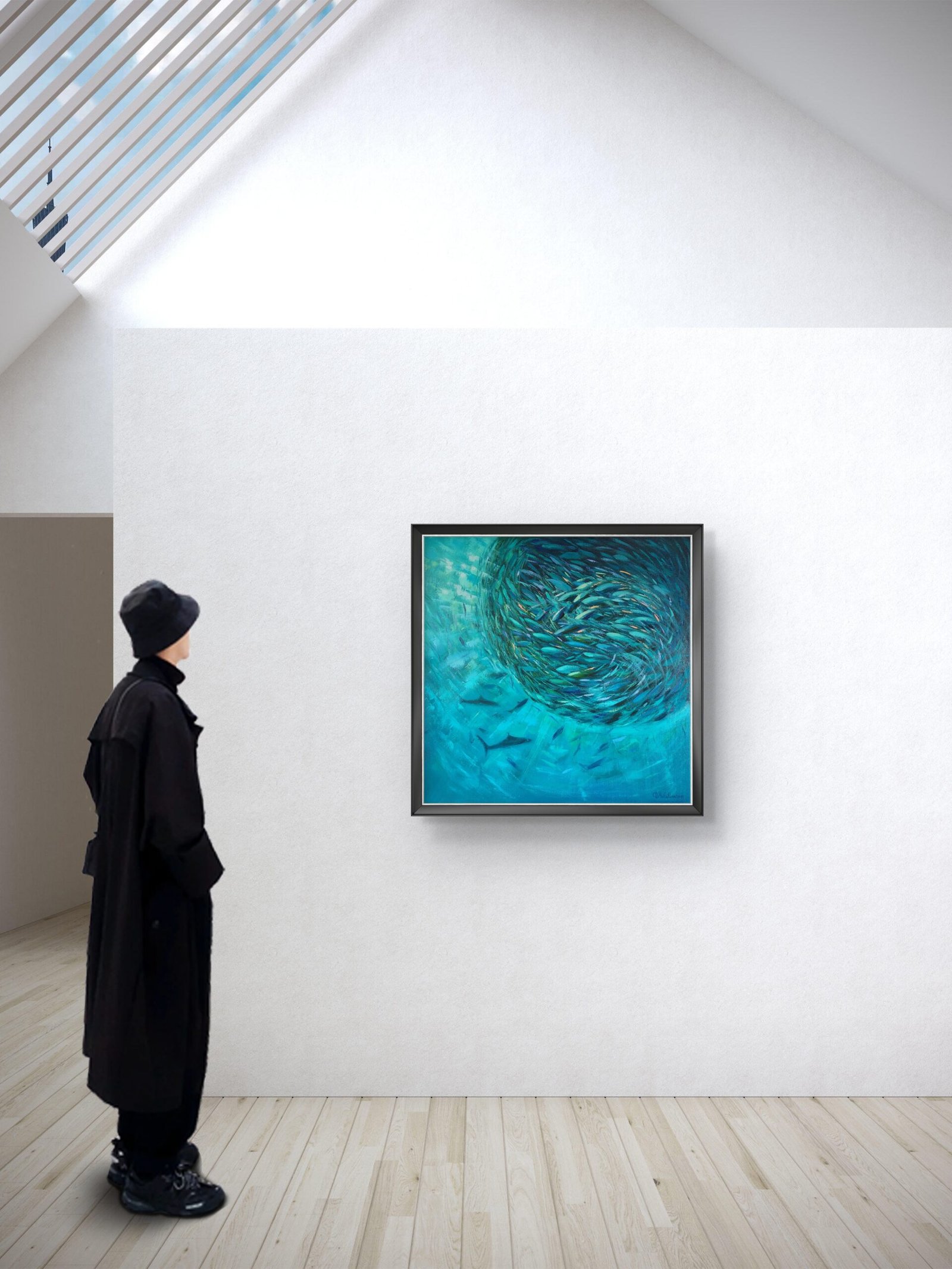 Sardine Run, original underwater oil painting of a swirling school of fish in turquoise and teal water by Olga Nikitina.