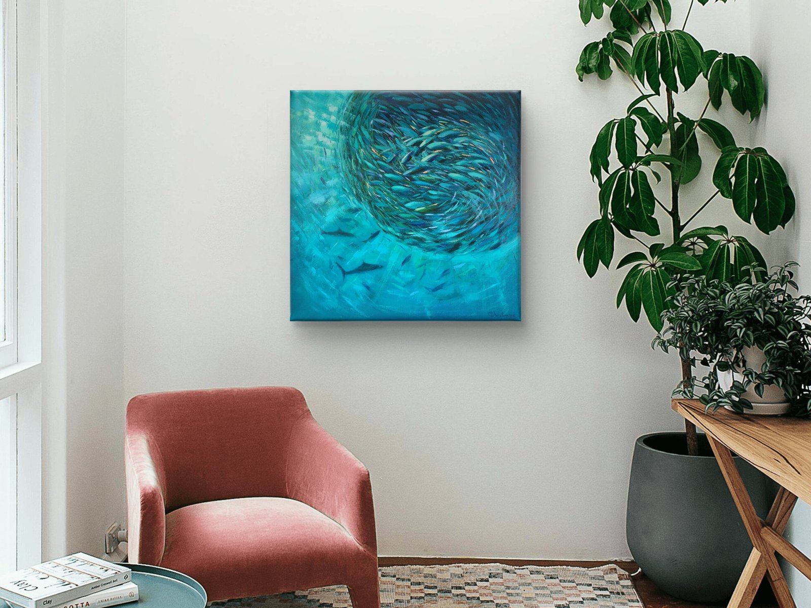 Sardine Run, original underwater oil painting of a swirling school of fish in turquoise and teal water by Olga Nikitina.