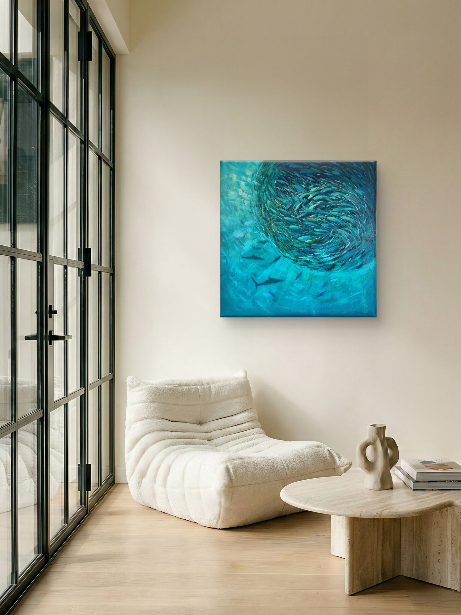 Sardine Run, original underwater oil painting of a swirling school of fish in turquoise and teal water by Olga Nikitina.