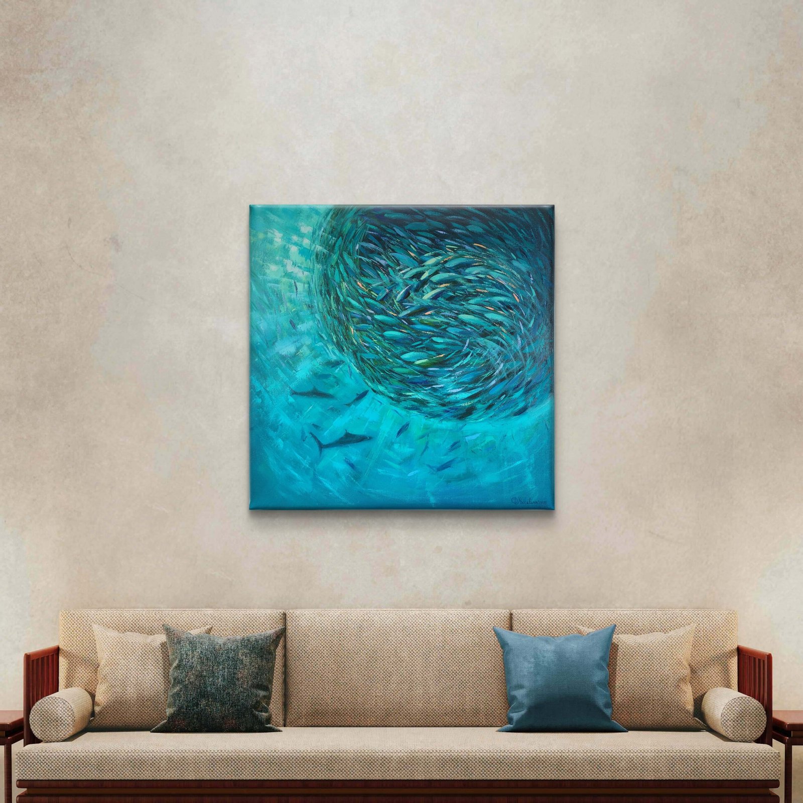 Sardine Run, original underwater oil painting of a swirling school of fish in turquoise and teal water by Olga Nikitina.