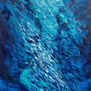Sardine Run in Blue, expressive oil painting of a school of sardines sweeping diagonally through turquoise and deep blue water by Olga Nikitina.