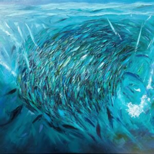 Baitball, original oil painting of a dense school of sardines swirling through turquoise and deep blue water by Olga Nikitina.