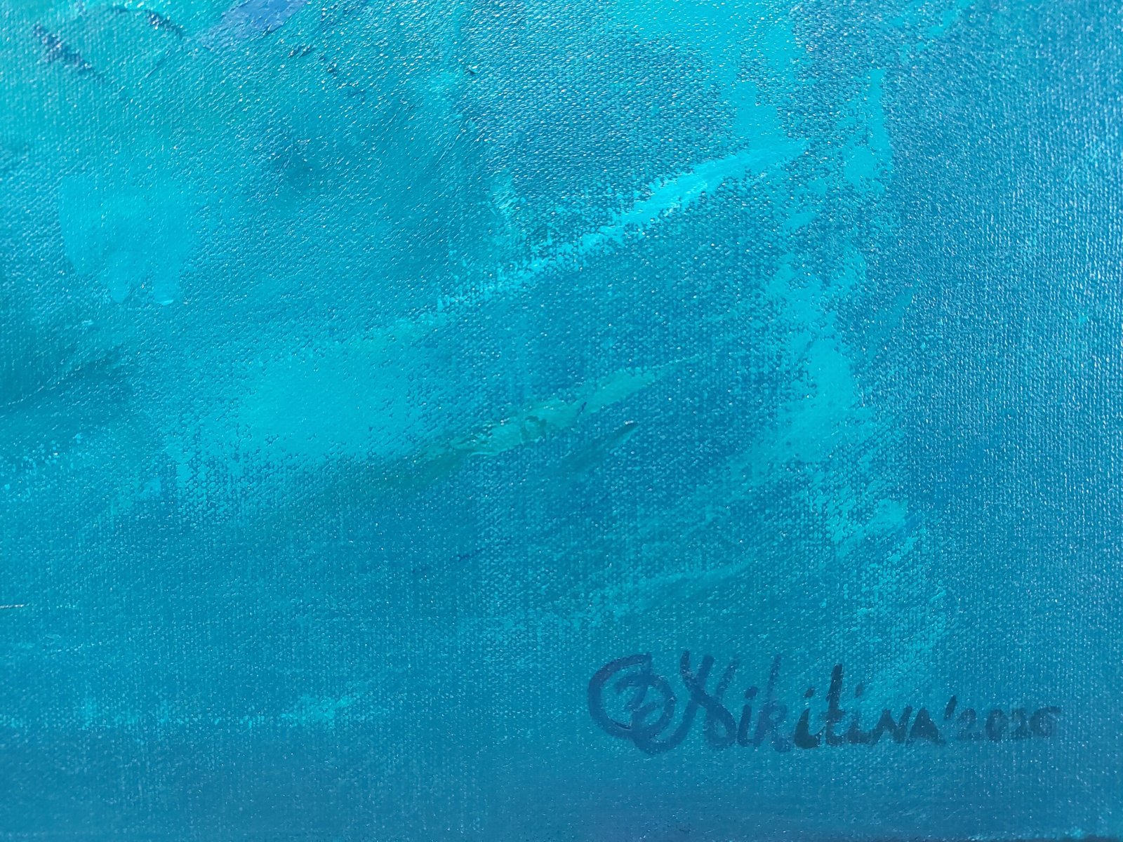 Sardine Run, original underwater oil painting of a swirling school of fish in turquoise and teal water by Olga Nikitina.