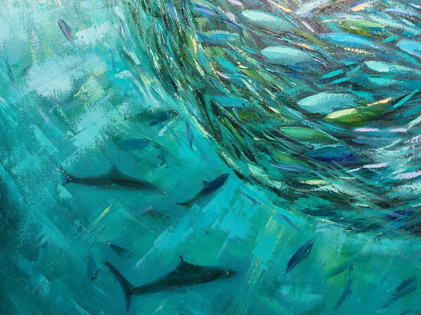Sardine Run, original underwater oil painting of a swirling school of fish in turquoise and teal water by Olga Nikitina.