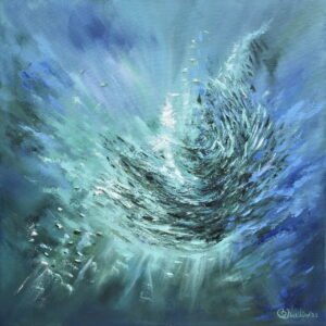 Sardine Run, original underwater oil painting of a swirling school of fish in turquoise and blue ocean water by Olga Nikitina.