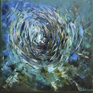 Baitball, textured oil painting of a swirling school of sardines inspired by South Africa's sardine run, by Olga Nikitina.