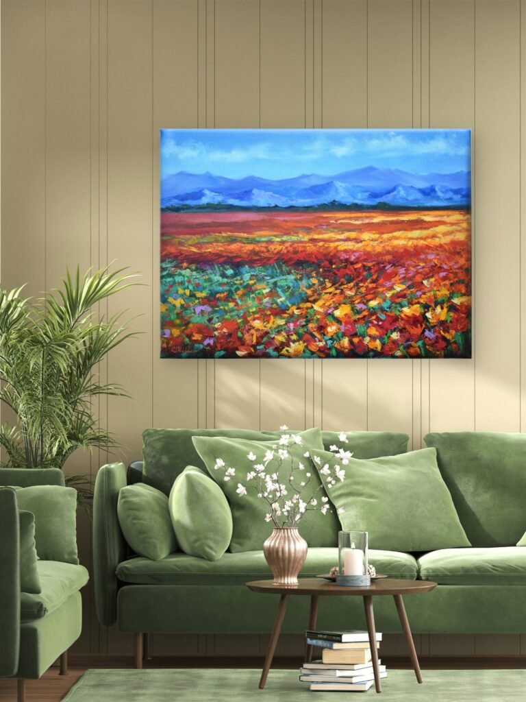 Colourful meadow oil painting with orange and yellow wildflowers, green grasses and distant blue mountains by Olga Nikitina.