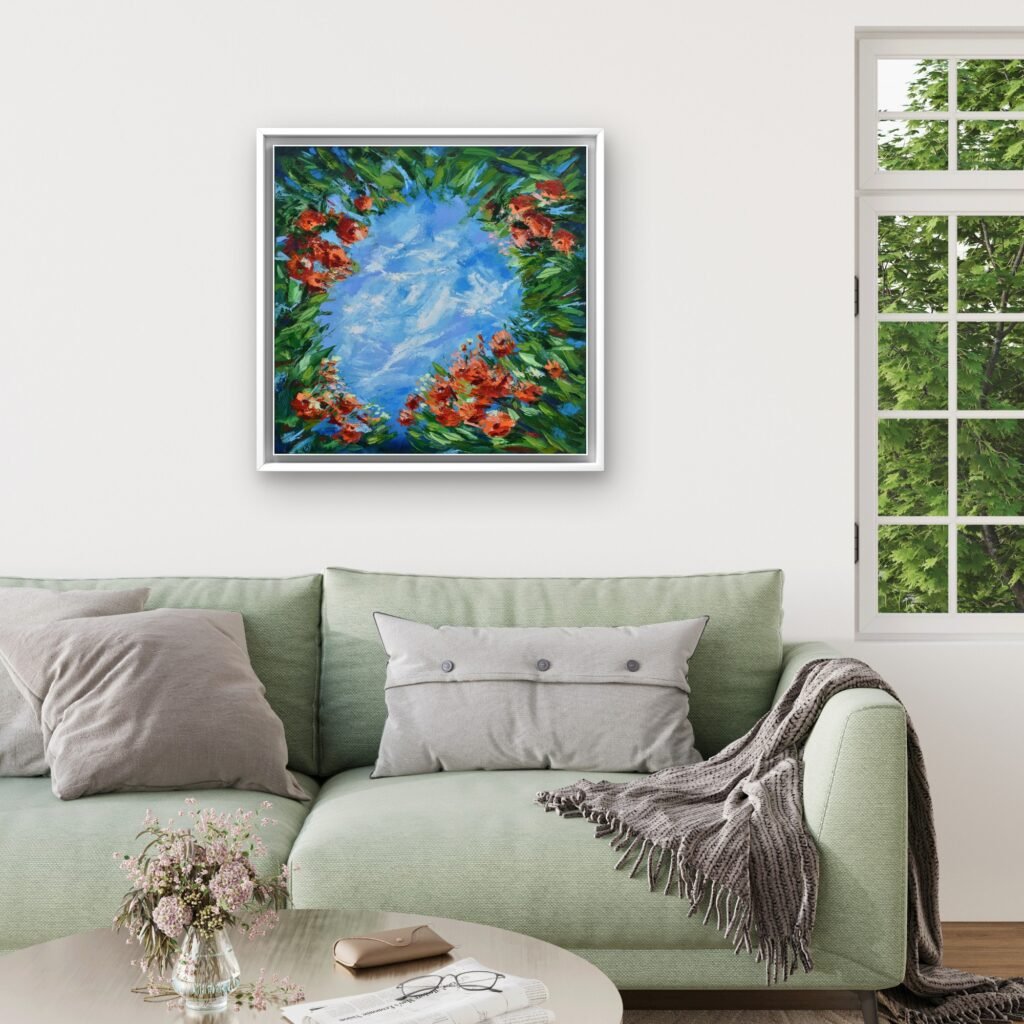 Summer Time, original oil painting of red-orange flowers and lush green foliage framing a bright blue sky by Olga Nikitina.