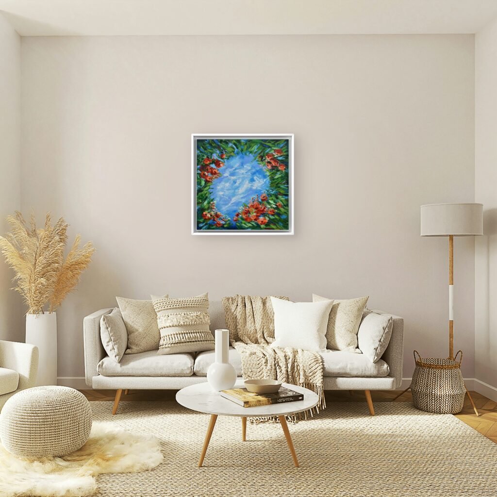Summer Time, original oil painting of red-orange flowers and lush green foliage framing a bright blue sky by Olga Nikitina.