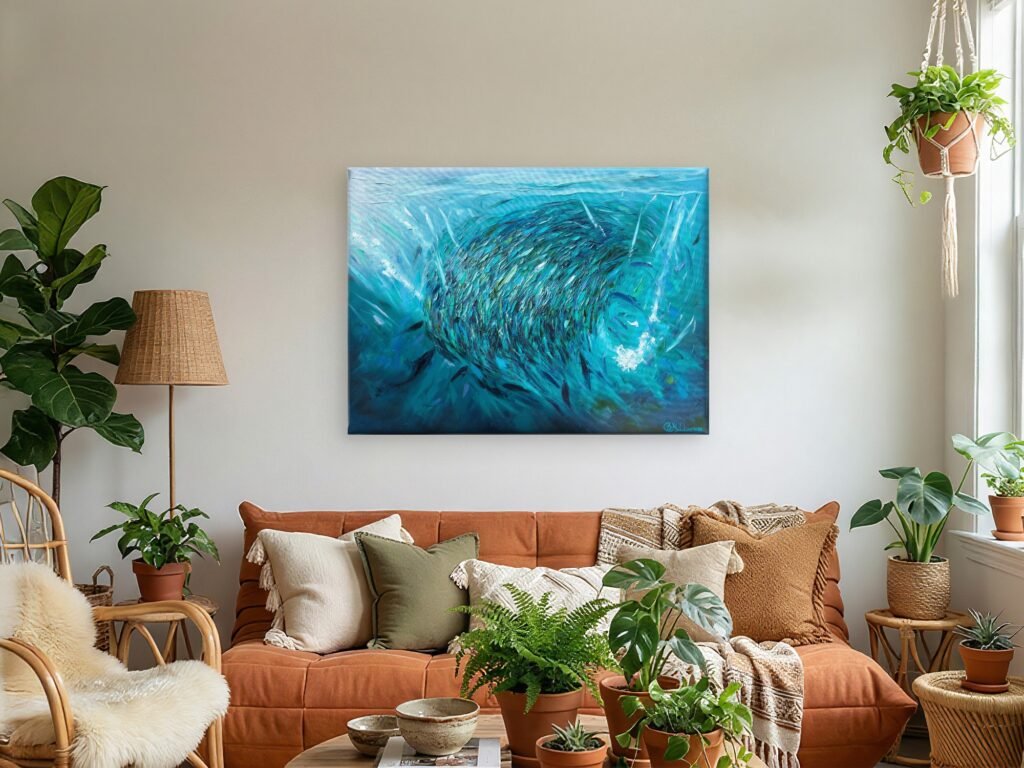 Baitball, original oil painting of a dense school of sardines swirling through turquoise and deep blue water by Olga Nikitina.