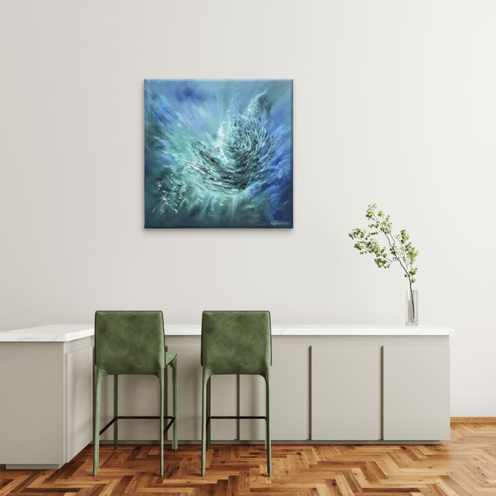 Sardine Run, original underwater oil painting of a swirling school of fish in turquoise and blue ocean water by Olga Nikitina.