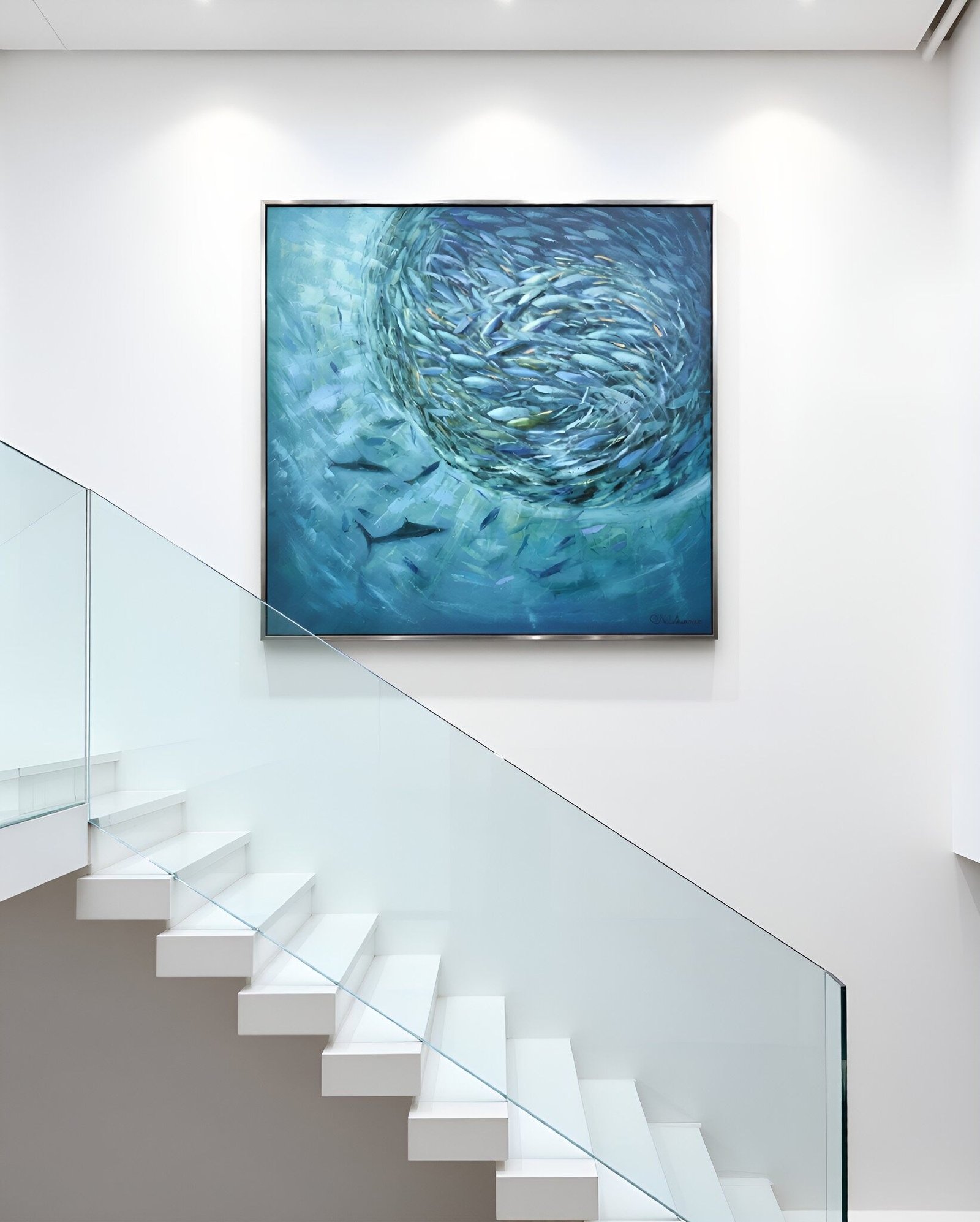 Sardine Run, original underwater oil painting of a swirling school of fish in turquoise and teal water by Olga Nikitina.
