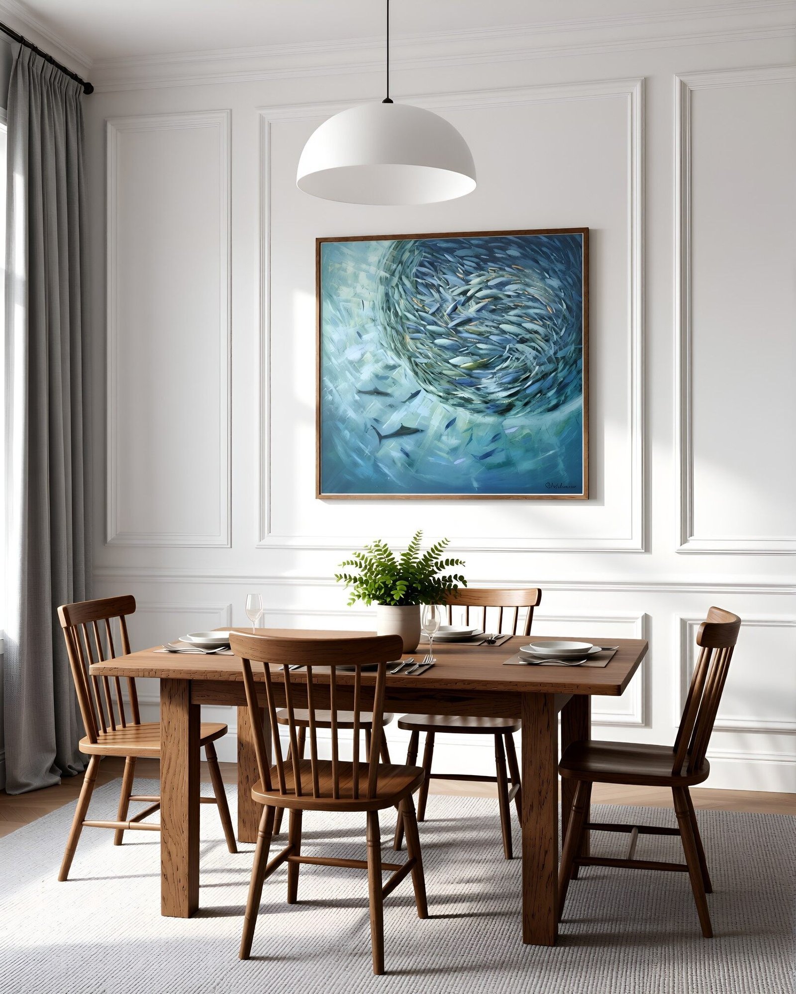 Sardine Run, original underwater oil painting of a swirling school of fish in turquoise and teal water by Olga Nikitina.