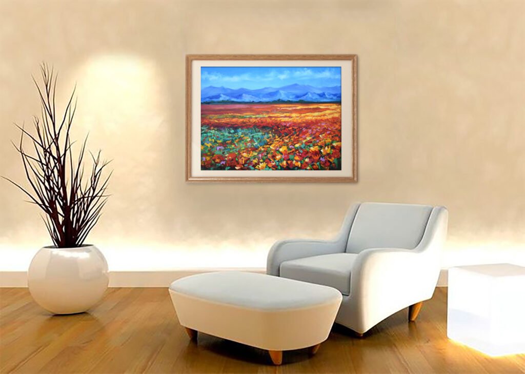Colourful meadow oil painting with orange and yellow wildflowers, green grasses and distant blue mountains by Olga Nikitina.